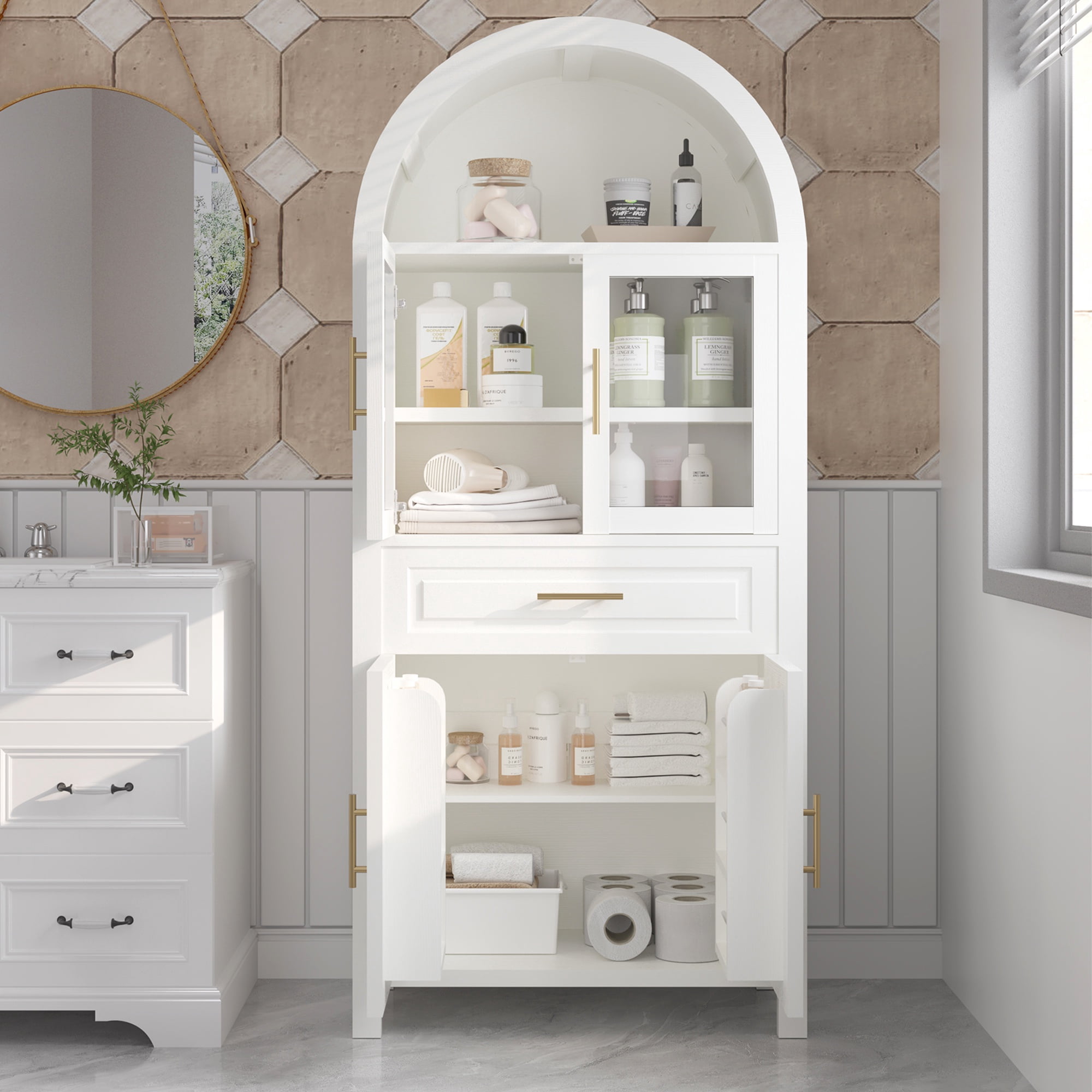 PORKISS Arched Kitchen Pantry Storage Cabinet, 71" Tall Wood Pantry Shelves with 4 Doors, 1 Large Drawer, Adjustable Shelves for Dining Room Living Room, White