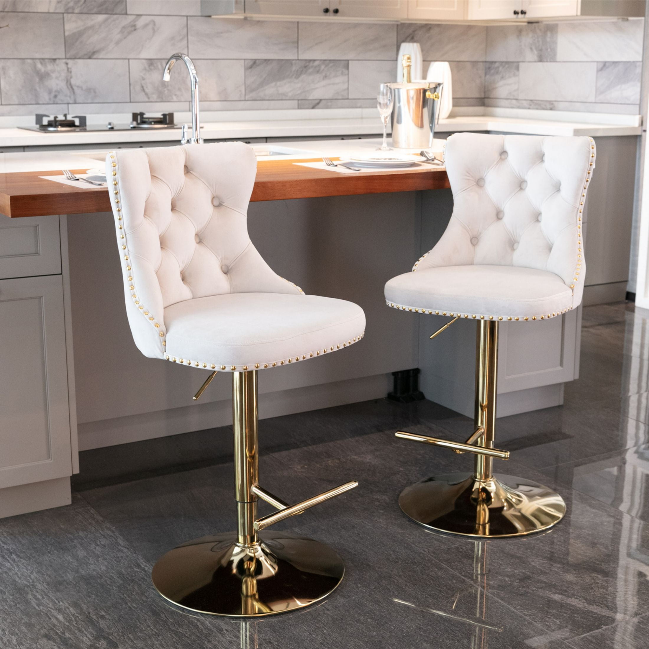 PORKISS Bar Stools Set of 2, Gold Velvet Swivel Barstools with Tufted Backs and Footrests, Upholstered Adjustable Seat From 25" to 33" for Home Pub, Kitchen Island, Beige