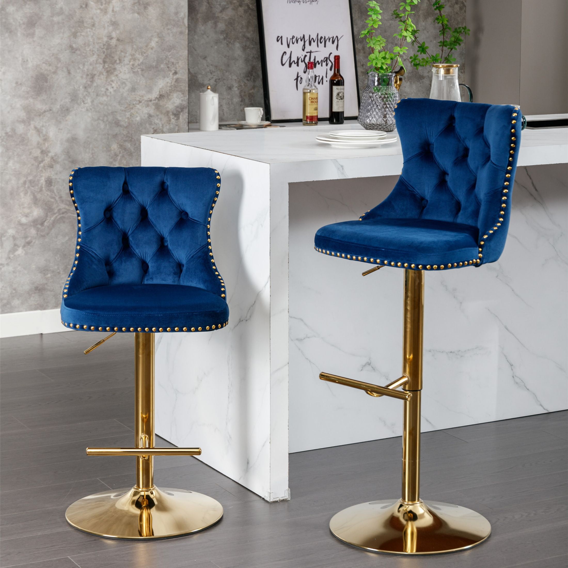 PORKISS Bar Stools Set of 2, Gold Velvet Swivel Barstools with Tufted Backs and Footrests, Upholstered Adjustable Seat From 25" to 33" for Home Pub, Kitchen Island, Blue