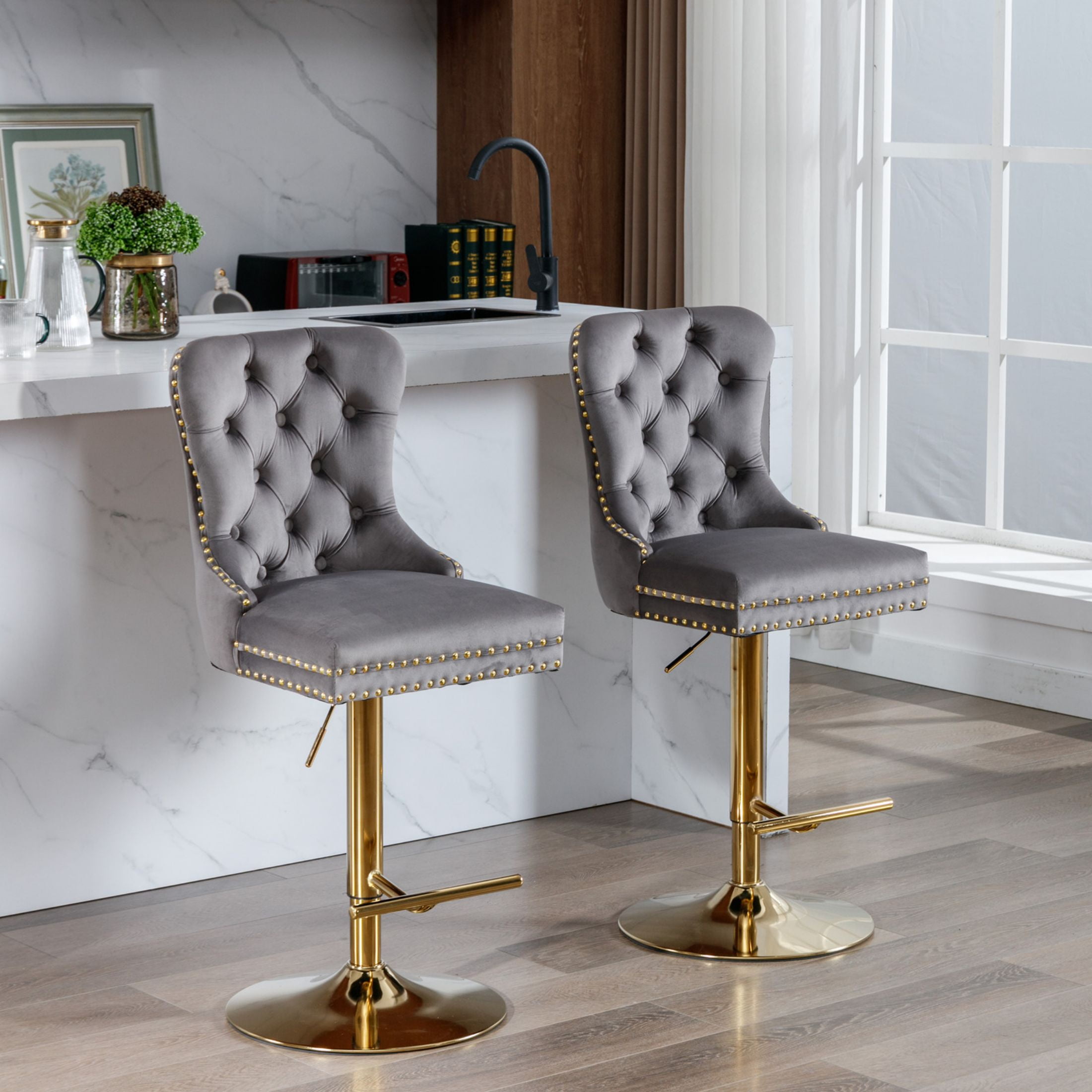 PORKISS Bar Stools Set of 2, Gold Velvet Swivel Barstools with Tufted Backs and Footrests, Upholstered Adjustable Seat From 27" to 35" for Home Pub, Kitchen Island, Gray