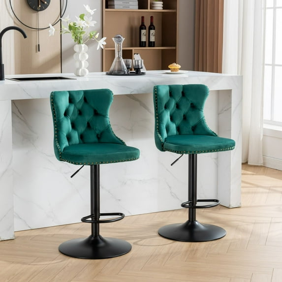 PORKISS Bar Stools, Velvet Adjustable Swivel Barstools with Back Set of 2, Modern Upholstered Kitchen Island Chairs with Tufted for Home Bar, Green