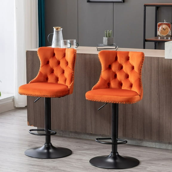 PORKISS Bar Stools, Velvet Adjustable Swivel Barstools with Back Set of 2, Modern Upholstered Kitchen Island Chairs with Tufted for Home Bar, Orange