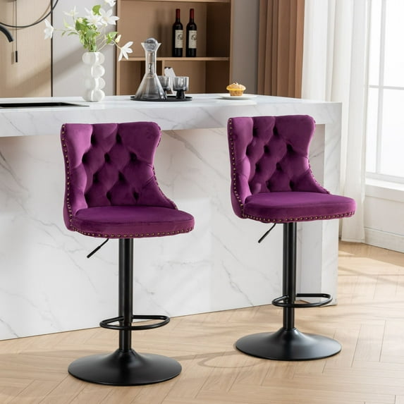 PORKISS Bar Stools, Velvet Adjustable Swivel Barstools with Back Set of 2, Modern Upholstered Kitchen Island Chairs with Tufted for Home Bar, Purple