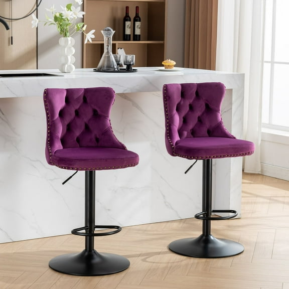 PORKISS Bar Stools, Velvet Adjustable Swivel Barstools with Back Set of 2, Modern Upholstered Kitchen Island Chairs with Tufted for Home Bar, Purple