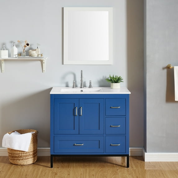 PORKISS Bathroom Vanity, Wooden Bathroom Vanity with Pedestal Under Sink, Freestanding Render Vanity with 2 Doors and 4 Drawers, Modern Vanity Cabinet for Bathroom, Blue