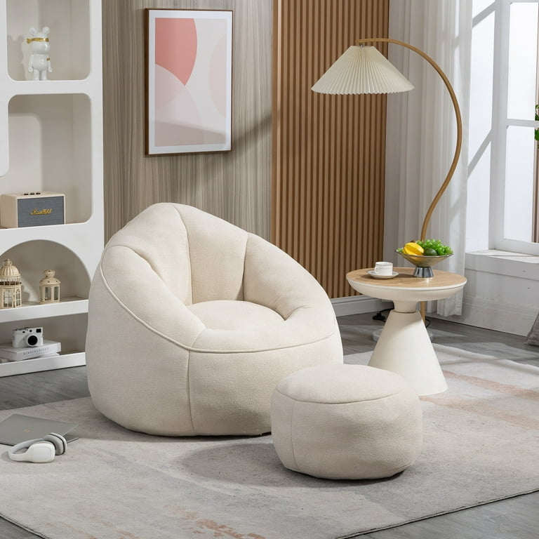 Porkiss Living Room Bean Bag Chair with Footstool Oversized Memory Foam Lazy Couch for Adults and Kids Microfiber Beige