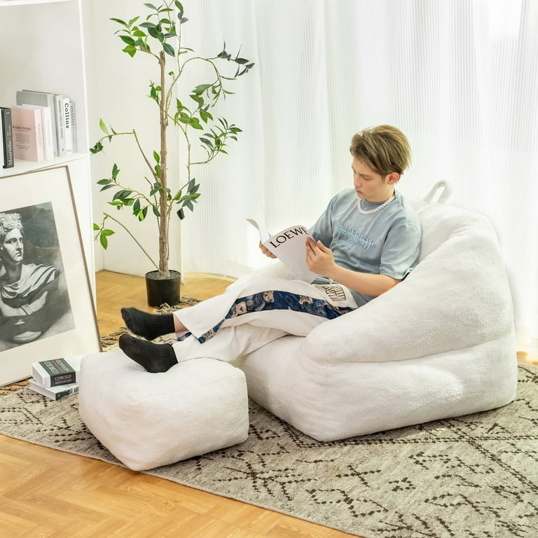 PORKISS Bean Bag Chair with Footstool Sofa Bean Bag for Adults Teens Teddy Upholstered Memory Foam Sofa Sack White Walmart