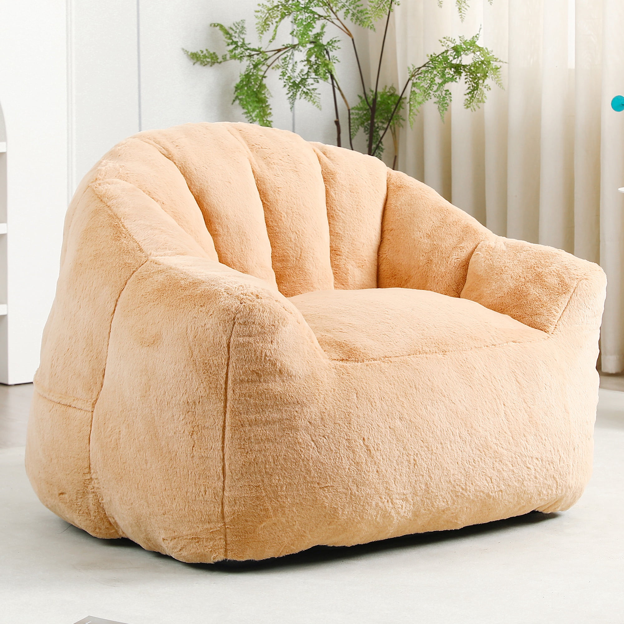 PAPROOS Oversized Bean Bag Chair for Adults, Brown Faux Fur Memory Foam Bean Bag Sofa, Pre-Filled Comfy Lazy Sofa Chair with Removable Cover for Living Room Bedroom Dorm