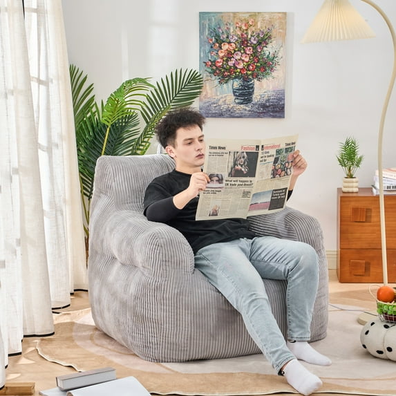 PORKISS Bean Bag Chairs for Adults, Soft Lazy Sofa with Corduroy Fabric for Dorm Bedroom Living Room, Single Leisure Accent Sofa Chair for Adults Teens, Gray
