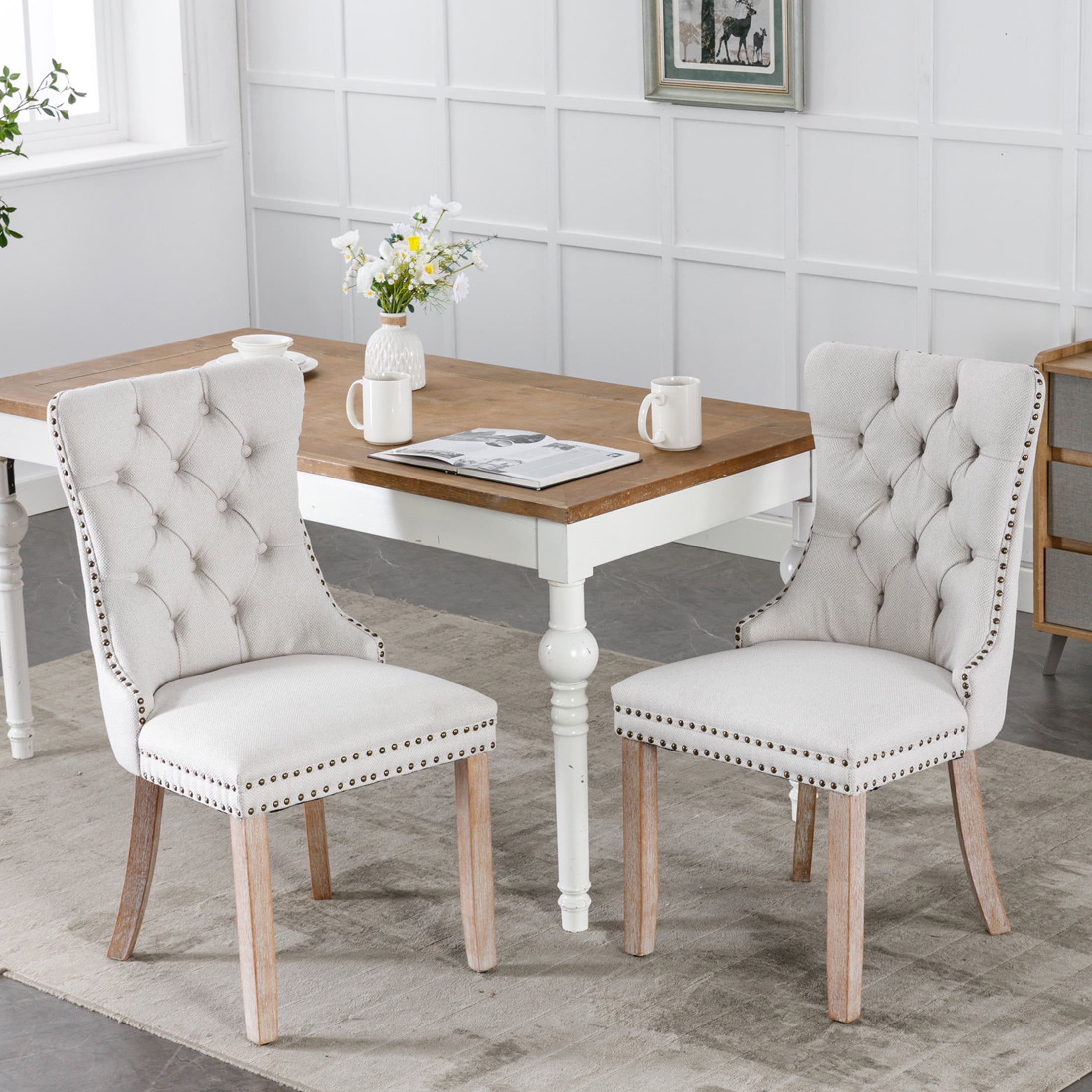 PORKISS Beige Dining Chairs Set of 2, Flax Upholstered Tufted Dining Room Chair with Back Ring ...