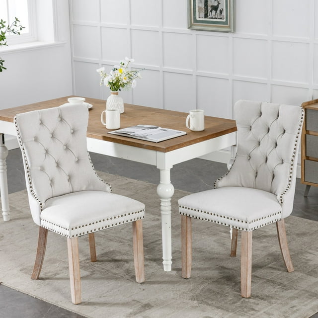 PORKISS Beige Dining Chairs Set of 2, Flax Upholstered Tufted Dining