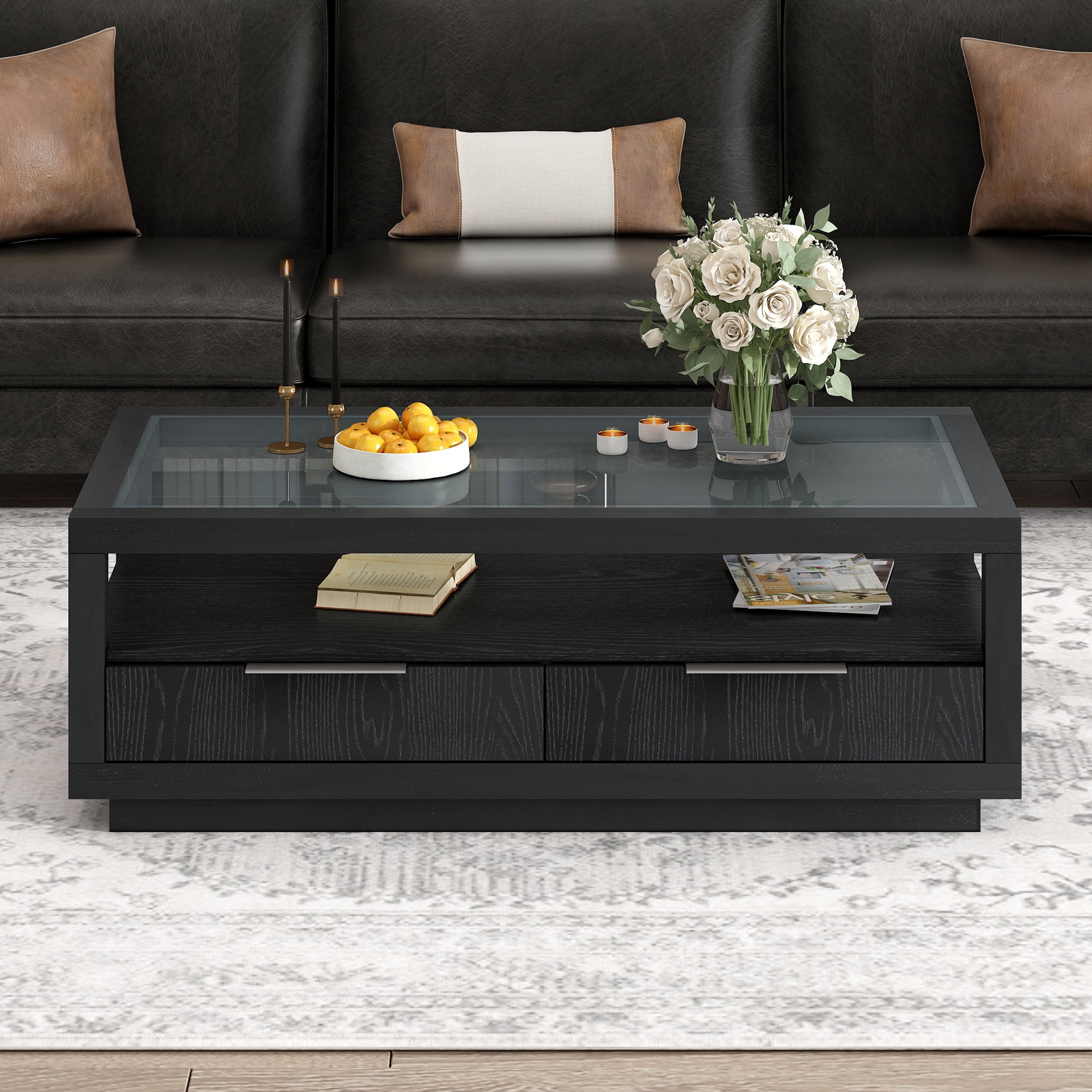 PORKISS Black Coffee Table, Wood Display End Table with 2 Drawers