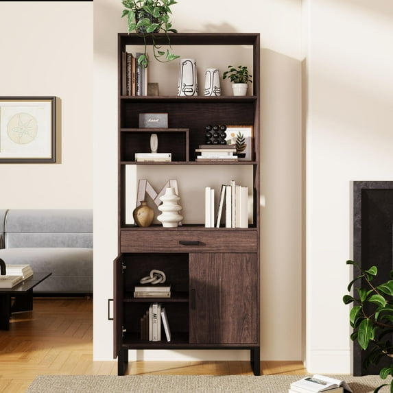 PORKISS Bookshelf with Doors, Wooden Bookcase with Storage Drawer and ...