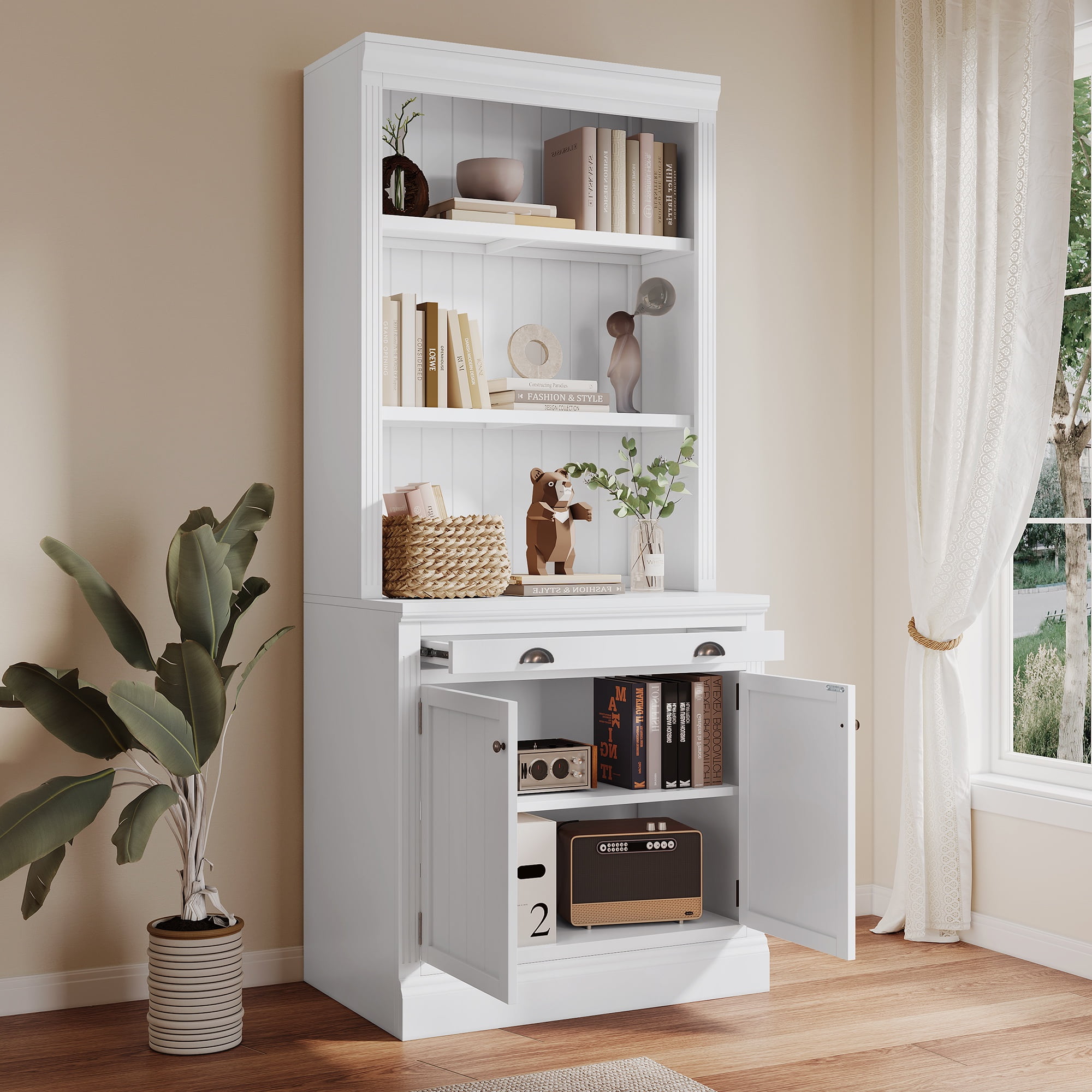 PORKISS Bookcase with Doors, Wooden Tall Bookshelf with LED Light and Storage, Modern Display Shelf with Drawer and Open Shelves for Living Room, Home Office, White