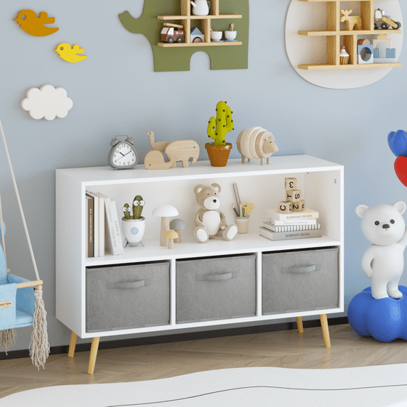 PAPROOS Kids Bookshelf, Wood Kids Bookcase with 3 Collapsible Fabric Drawers, Freestanding Bookshelf for Kids, Modern Toy Storage Organizer for Kids Room, Living Room, Easy to Assembly, White/Grey