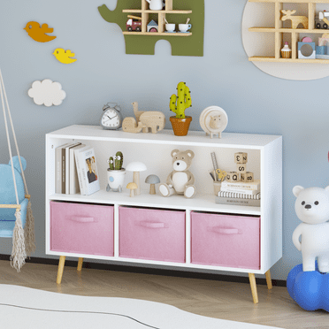 PORKISS Kids Bookshelf, Wood Kids Bookcase with Collapsible Fabric Drawers, Freestanding Bookshelf for Kids, Modern Toy Storage Organizer for Children's Room, Living Room, White/Pink