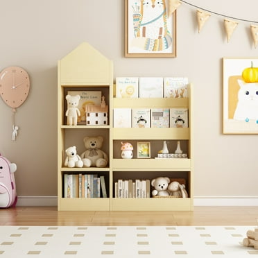 PORKISS Bookshelf for Kids, Wood Kids Bookcase with Toy Storage Organizer, Freestanding Book Shelf with 6 Compartments and 2 Baskets Bins for Kids Bedroom, Nursery, Playroom, Natural