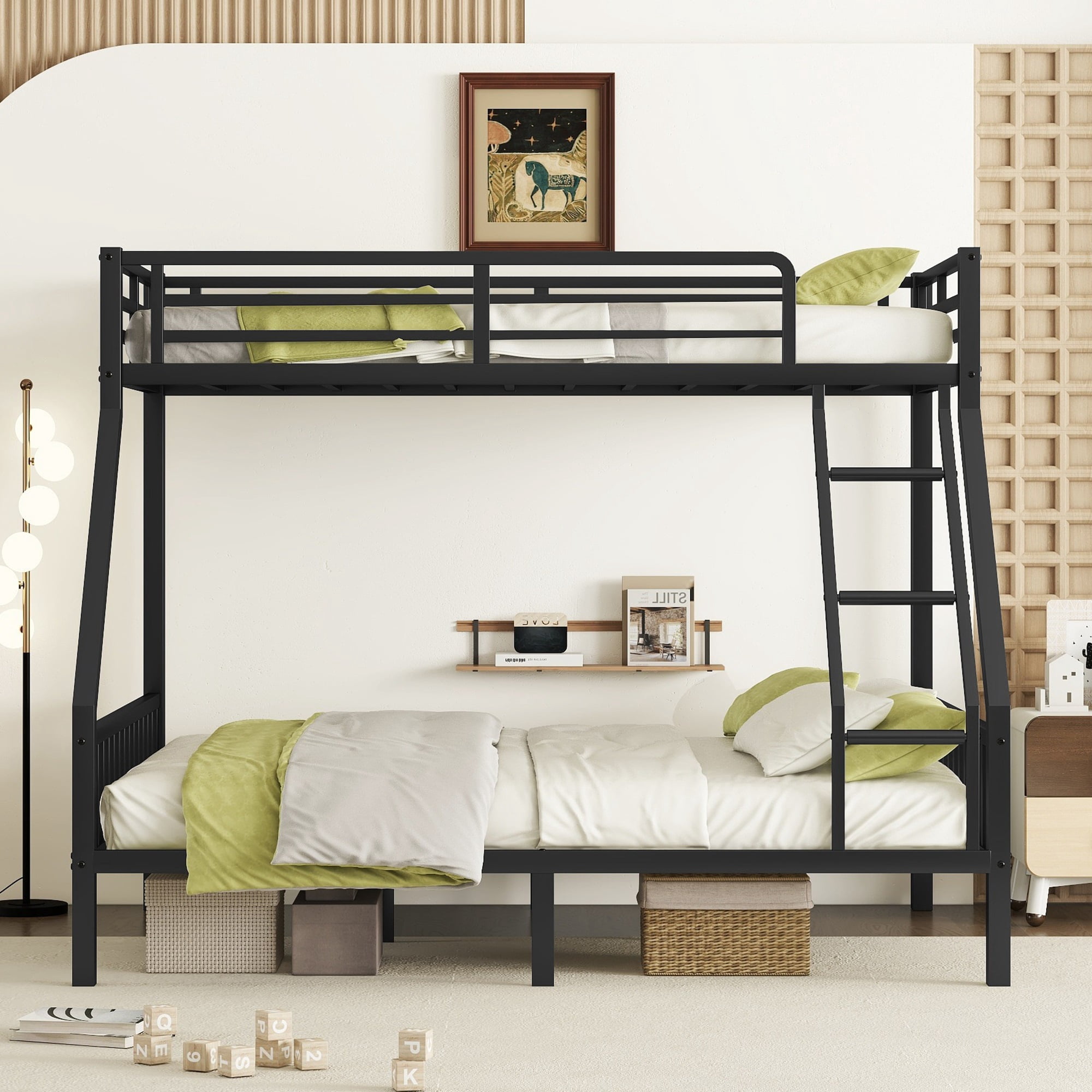 PORKISS Bunk Bed, Metal Twin XL Over Queen Bunk Bed Frame with Ladders and Slats, Modern Bed Frame with 12.5" High Safety Guard, Freestanding Twin Bunk Bed for Teens Adults, Black