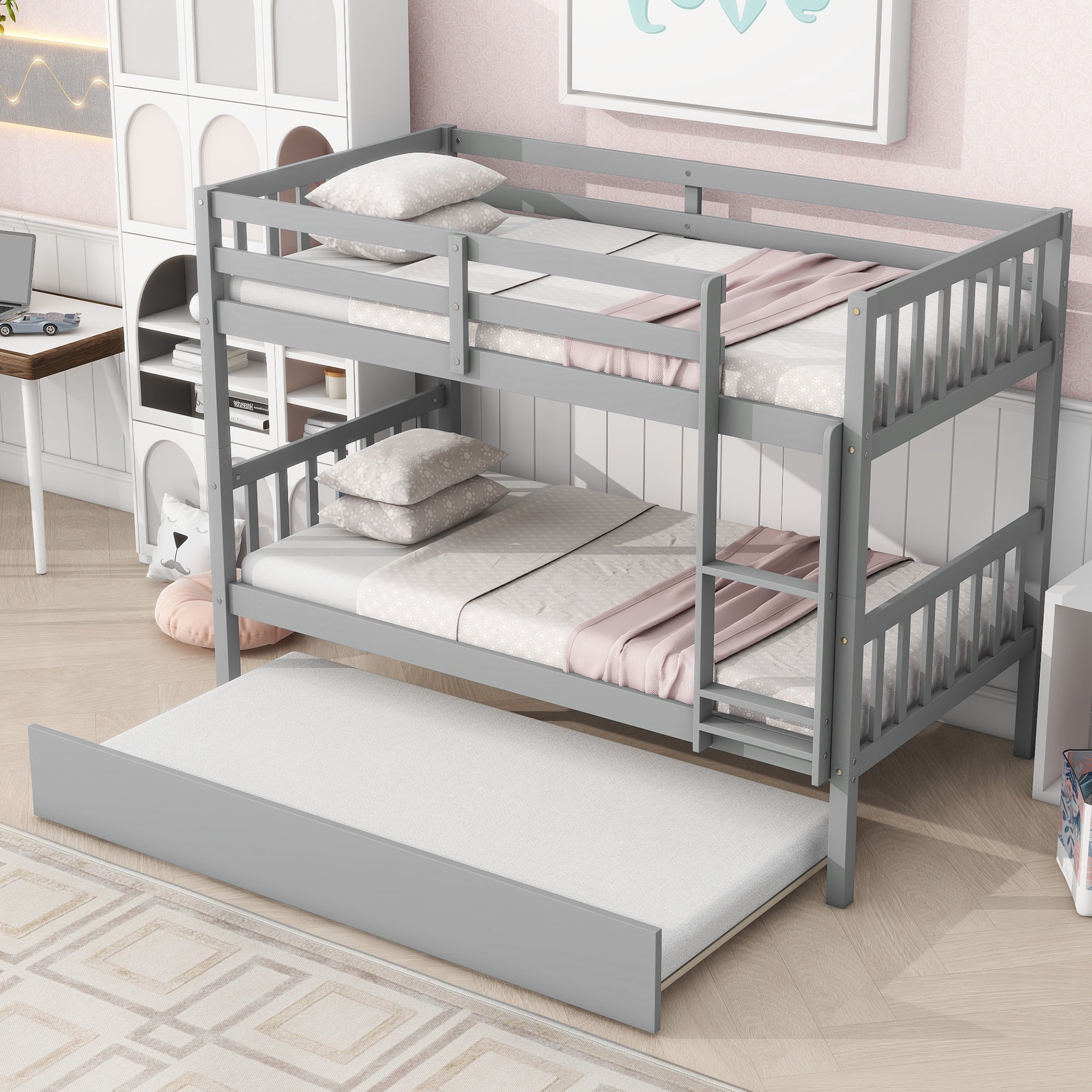 PORKISS Bunk Bed with Trundle, Twin Over Twin Bunk Bed Frame Can Convertible 2 Platform Bed, Wood Bunk Bed Built-in Ladder for Kids Teens Adults, Grey