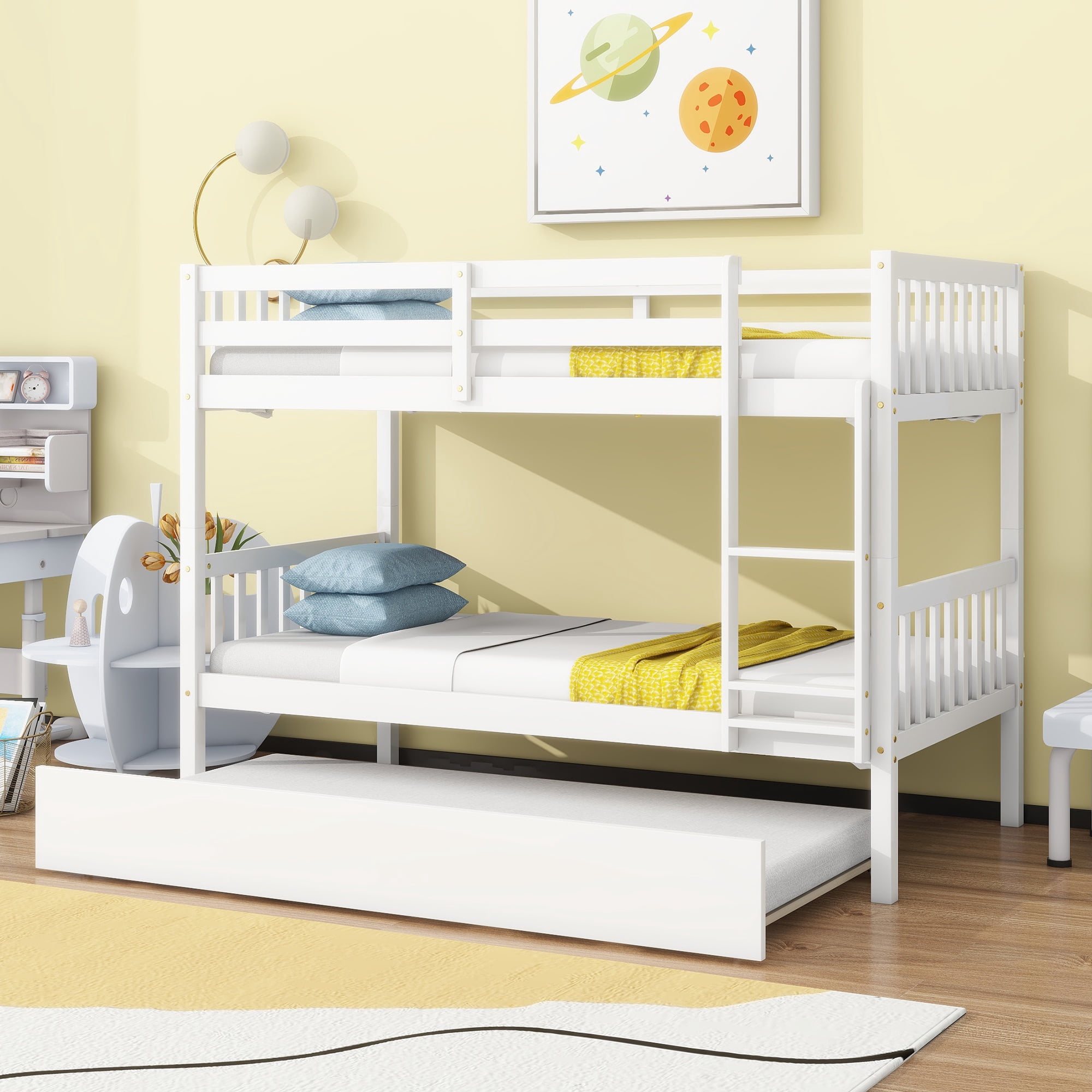 PORKISS Bunk Bed with Trundle, Twin Over Twin Bunk Bed Frame Can Convertible 2 Platform Bed, Wood Bunk Bed Built-in Ladder for Kids Teens Adults, White