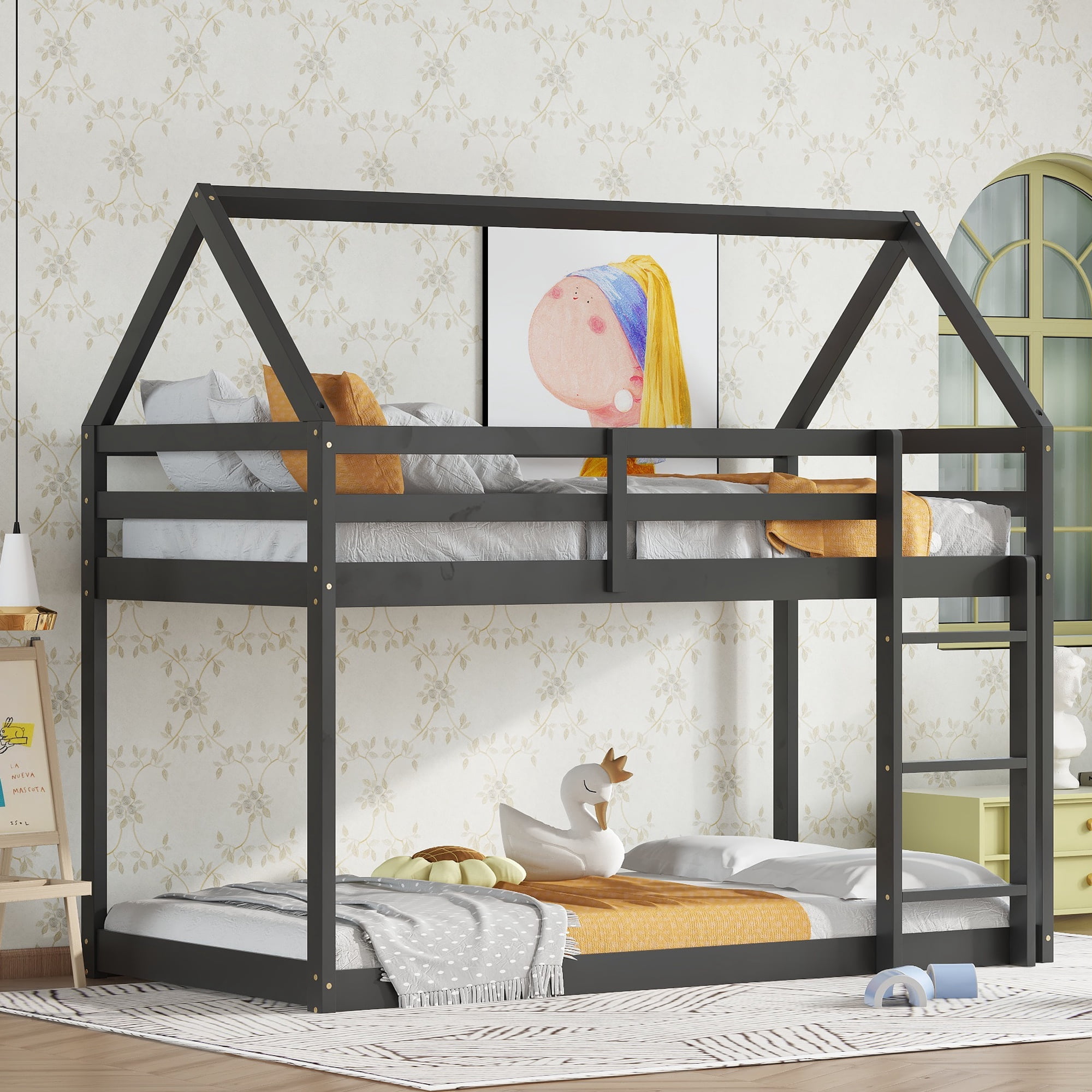 PORKISS Bunk Bed Twin Over Twin, Kids Low Floor Bunk Bed with Guard Rails for Children Boys Girls Dormitory Bedroom, Rubber Wood Bunk Bed, No Box Spring Needed, Black #