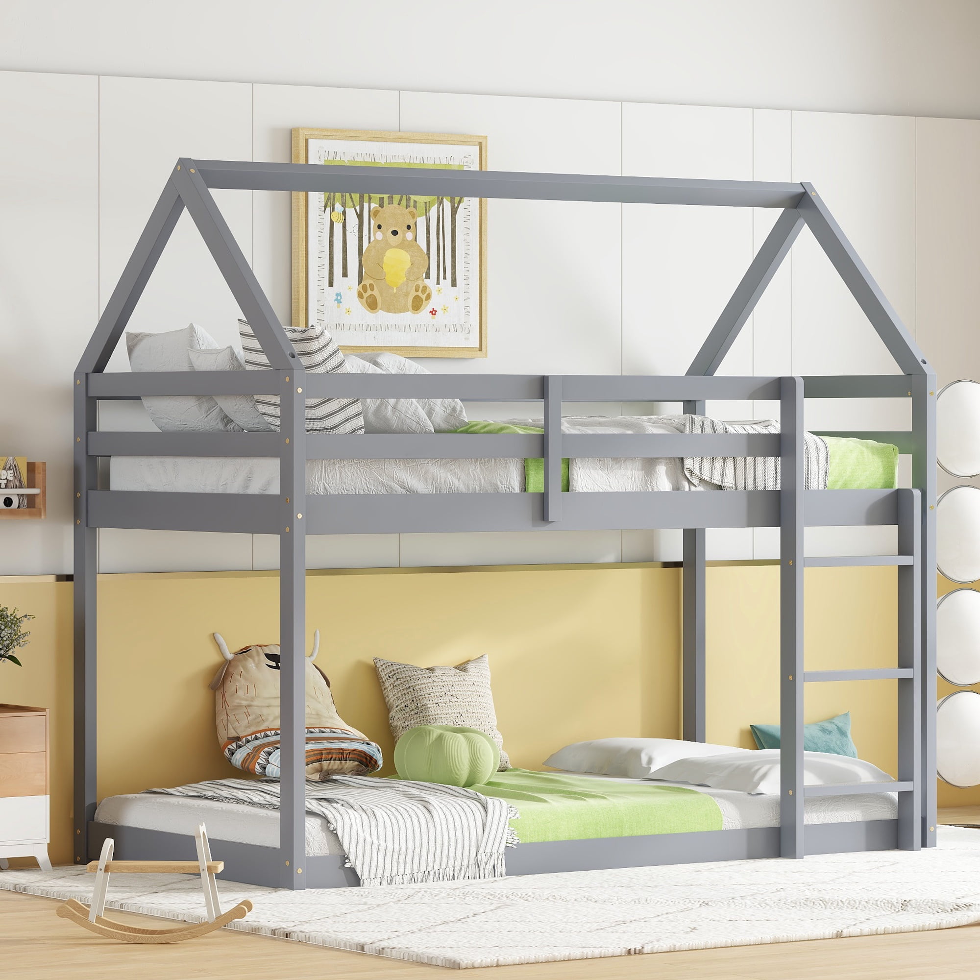 PORKISS Bunk Bed Twin Over Twin, Kids Low Floor Bunk Bed with Guard Rails for Children Boys Girls Dormitory Bedroom, Rubber Wood Bunk Bed, No Box Spring Needed, Grey #