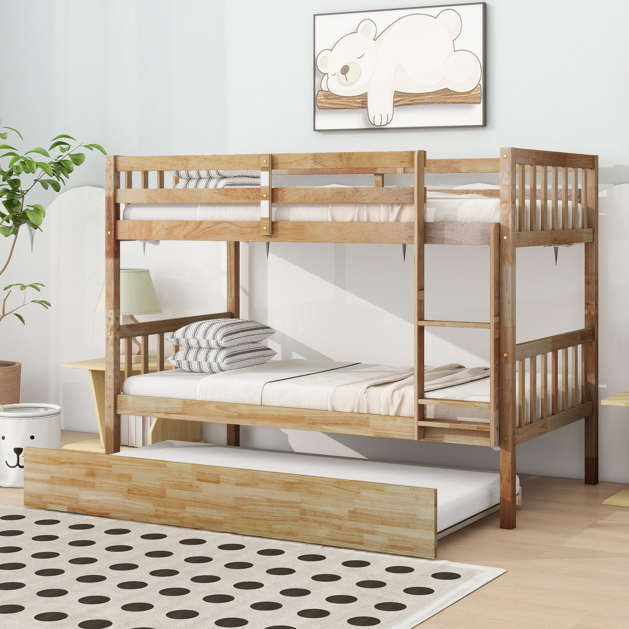 PORKISS Bunk Bed with Trundle, Twin Over Twin Bunk Bed Frame Can Convertible 2 Platform Bed, Wood Bunk Bed Built-in Ladder for Kids Teens Adults, Oak
