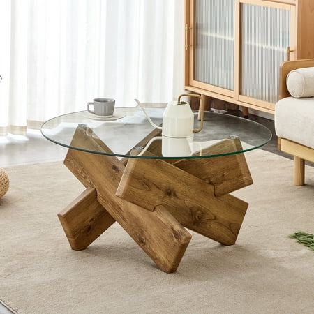 PORKISS Coffee Table, Glass Round Coffee Table for Living Room with Wood Legs, 33.4" Farmhouse Tea Table for Apartments, Reception Rooms, Center Table, Brown