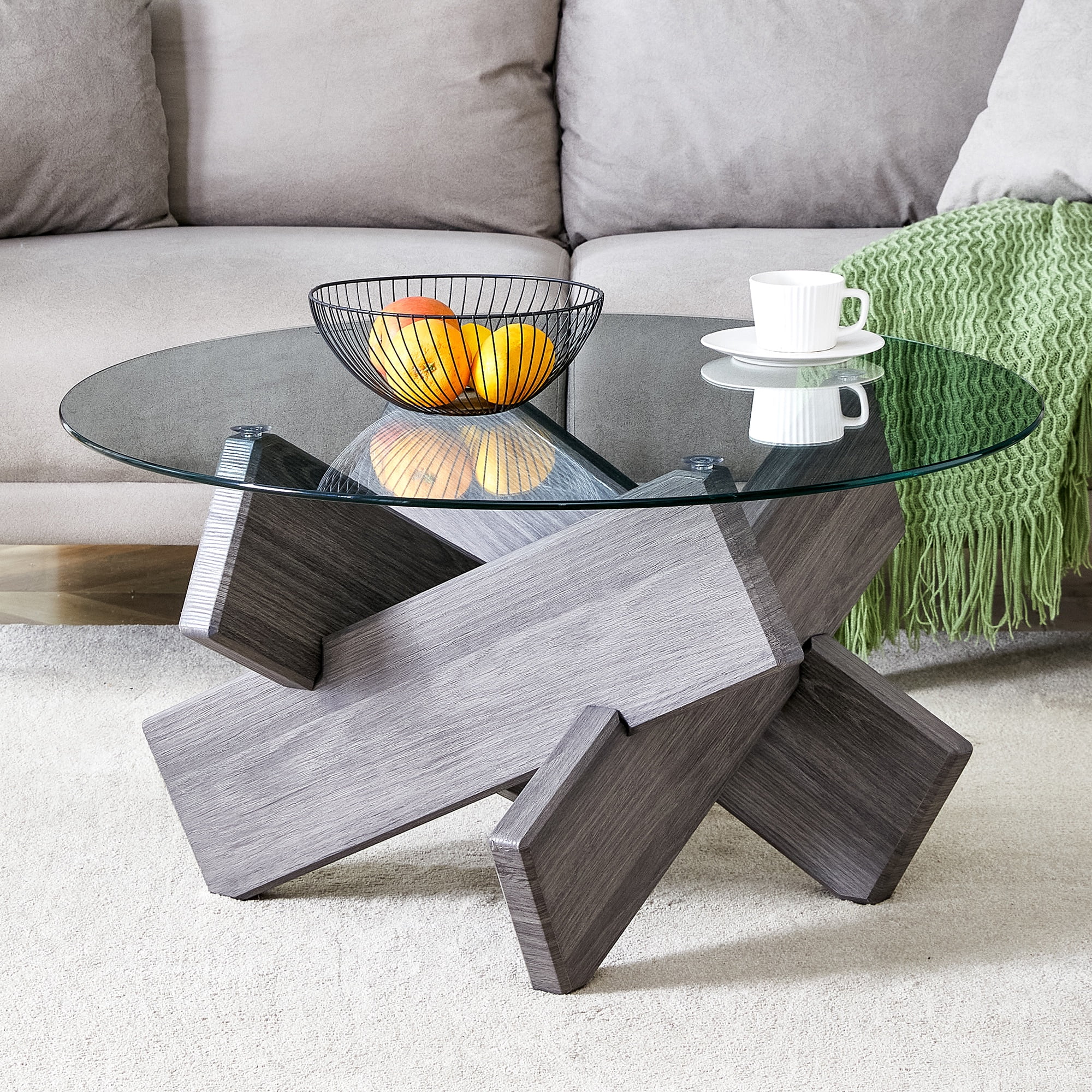 PORKISS Coffee Table, Glass Round Coffee Table for Living Room with Wood Legs, 33.4" Farmhouse Tea Table for Apartments, Reception Rooms, Center Table, Gray