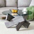 thumbnail image 1 of PORKISS Coffee Table, Glass Round Coffee Table for Living Room with Wood Legs, 33.4" Farmhouse Tea Table for Apartments, Reception Rooms, Center Table, Gray, 1 of 11
