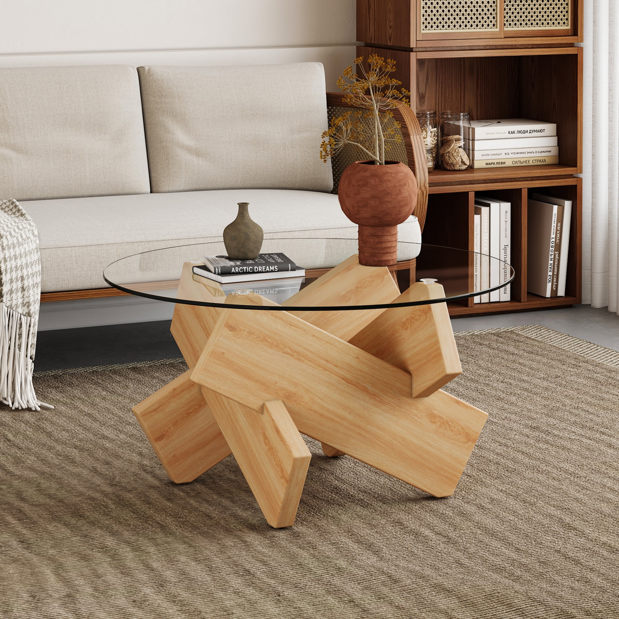 PORKISS Coffee Table, Glass Round Coffee Table for Living Room with Wood Legs, 33.4" Farmhouse Tea Table for Apartments, Reception Rooms, Center Table, Natural Wood