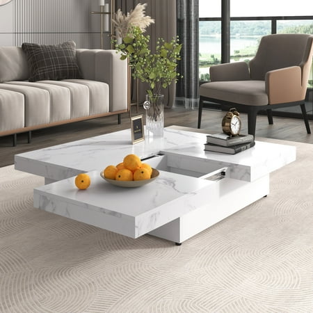 PORKISS Coffee Table, Marble Veneer Square Coffee Table with Sliding Top and Storage Space, Freestanding Cocktail Table with Storage, Modern Storage Coffee Table for Living Room, White
