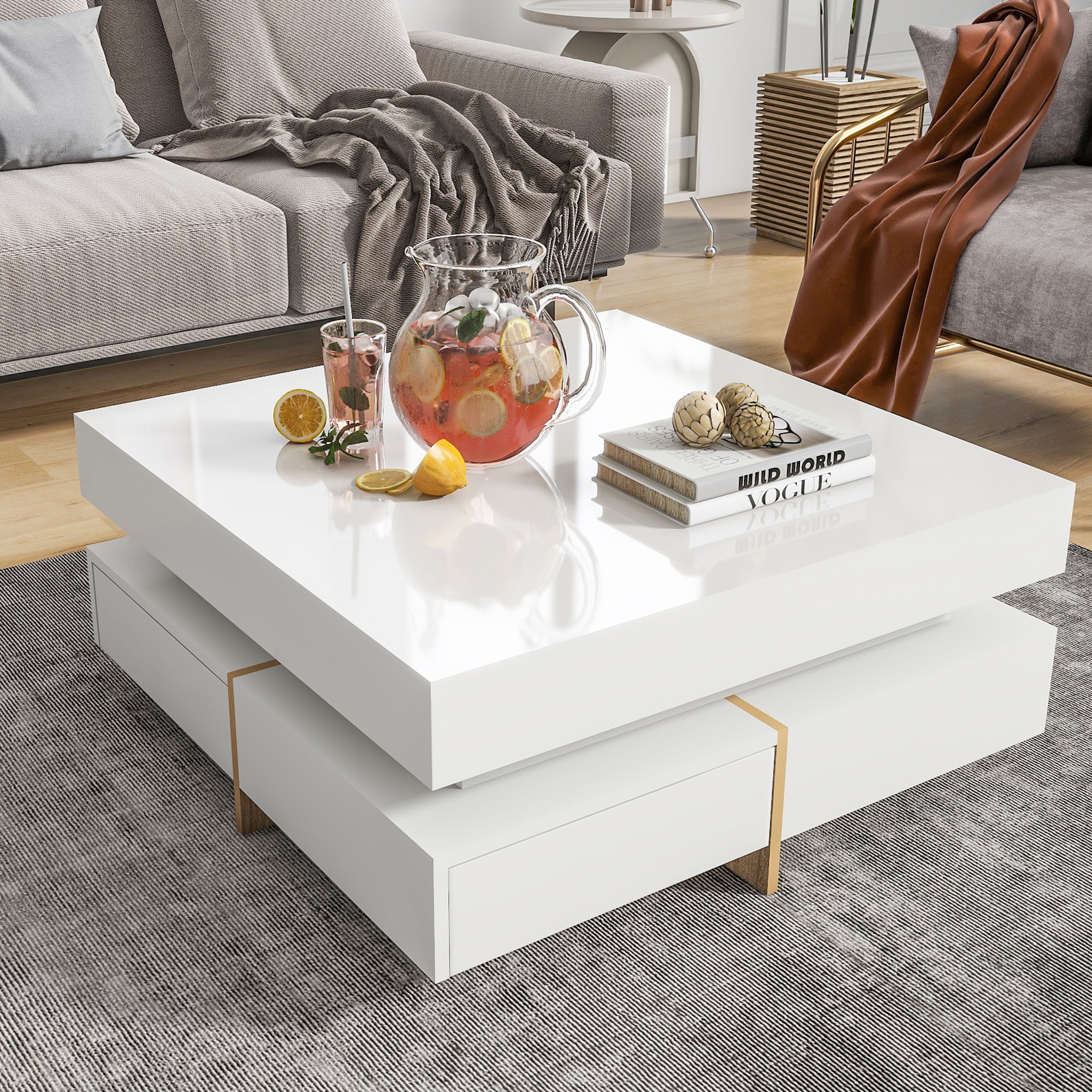 PORKISS Coffee Table, Modern High Gloss Square Coffee Table with Storage, Wood Cocktail Table with 4 Drawers and Grain Legs, 2-Tier Coffee Table for Living Room, White