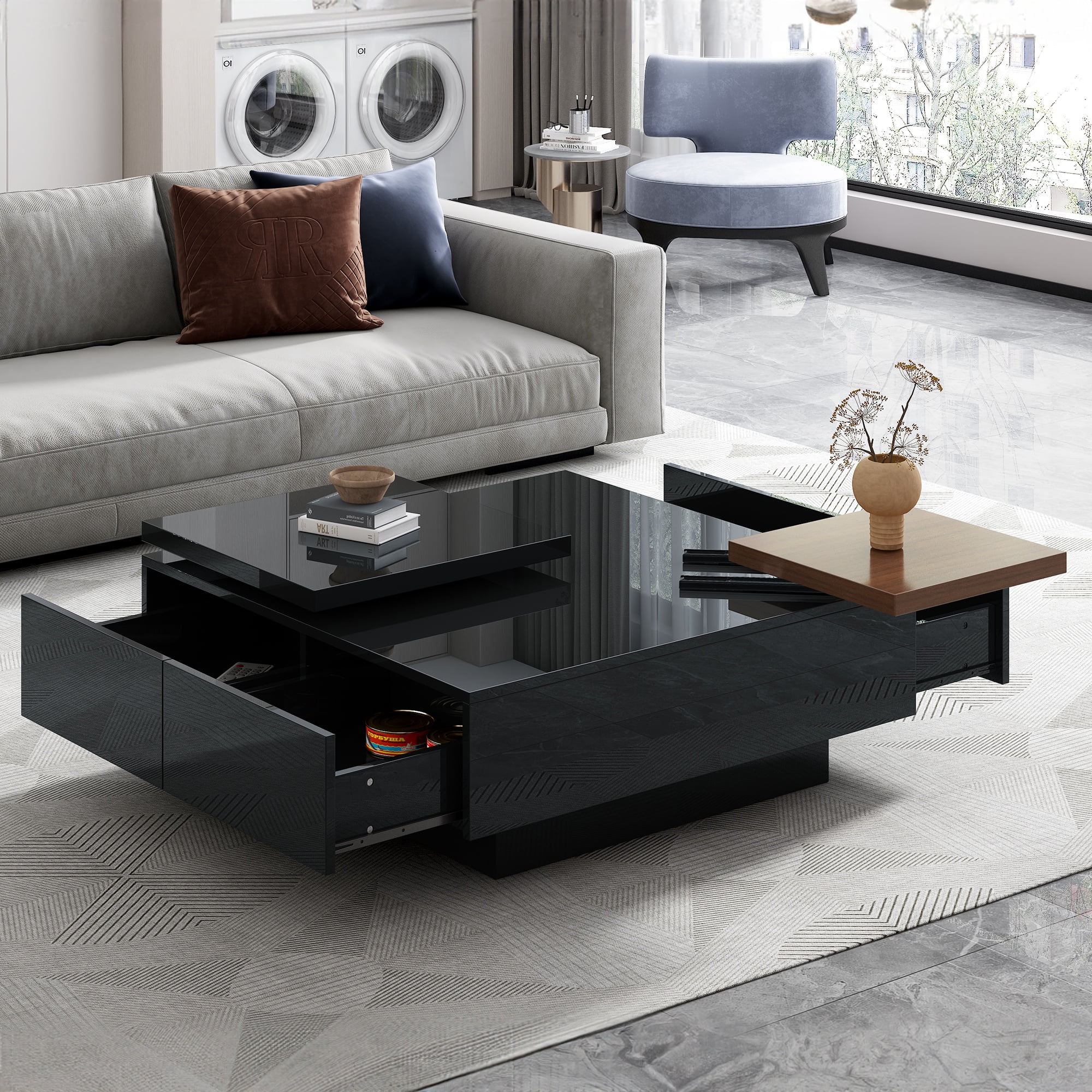 PORKISS Coffee Table, Wooden Coffee Table with Movable Top and High Gloss Finish, Freestanding Square Coffee Table with 4 Hidden Storage Drawers, Modern Cocktail Table for Living Room, Black