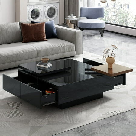 PORKISS Coffee Table, Wooden Coffee Table with Movable Top and High Gloss Finish, Freestanding Square Coffee Table with 4 Hidden Storage Drawers, Modern Cocktail Table for Living Room, Black