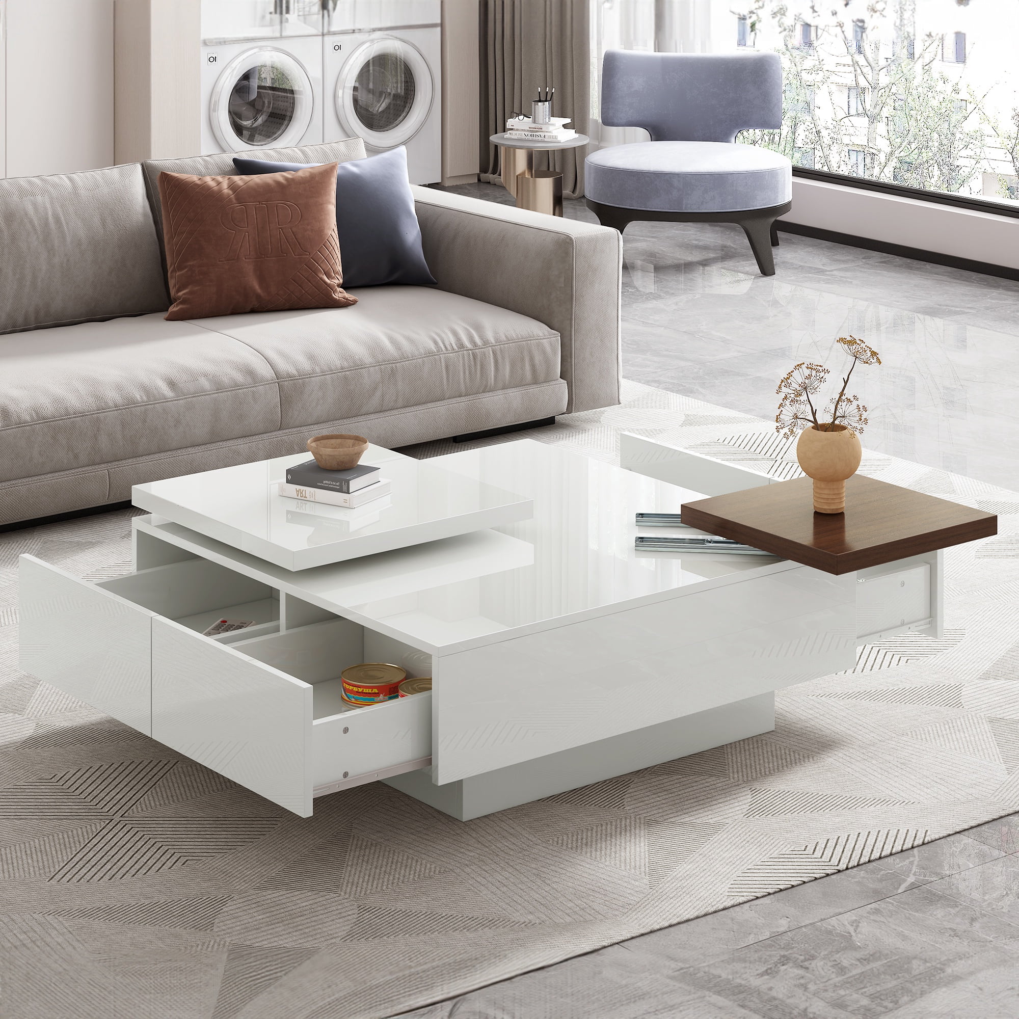 PORKISS Coffee Table, Wooden Coffee Table with Movable Top and High Gloss Finish, Freestanding Square Coffee Table with 4 Hidden Storage Drawers, Modern Cocktail Table for Living Room, White