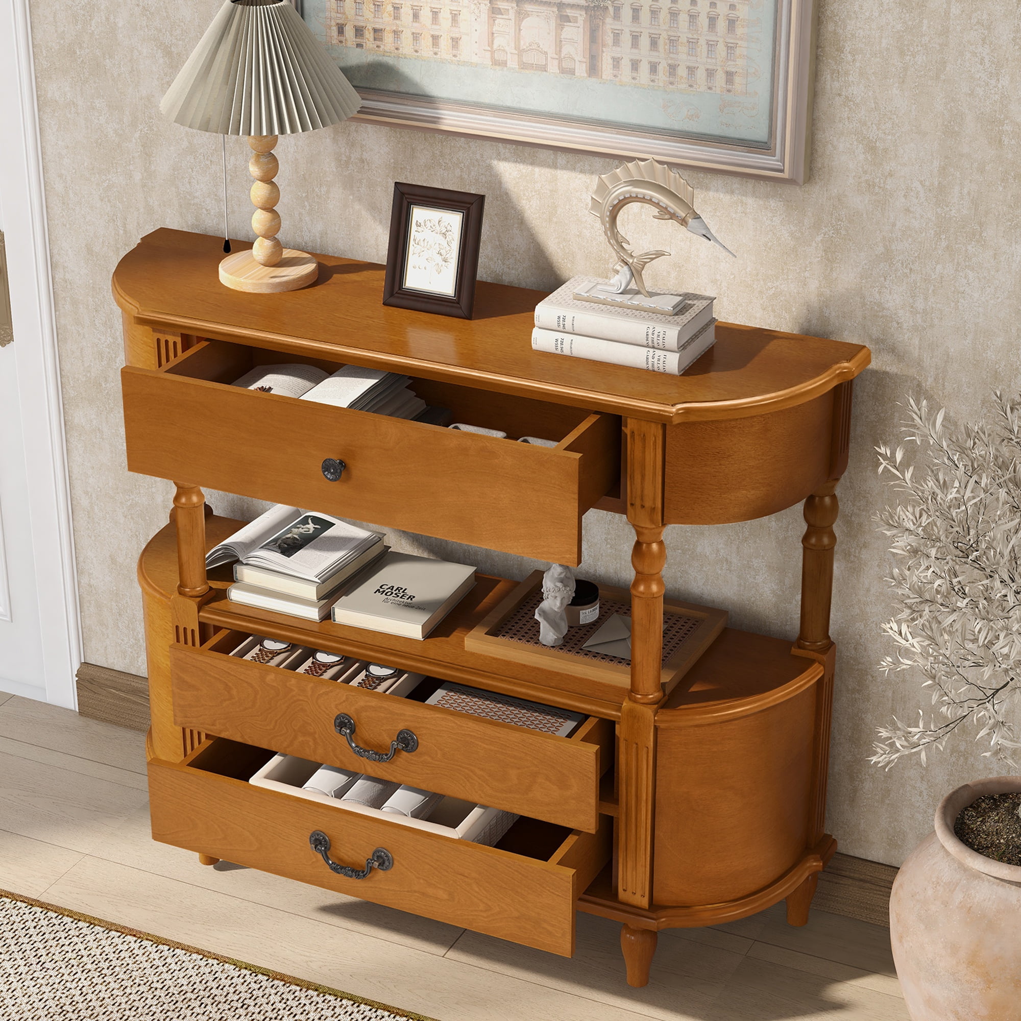 PORKISS Console Table 43" with Drawers, Solid Wood Entryway Table Hallway Table with Open Storage, Retro Curved Sofa Table for Living Room, Foyer and Corridor - Brown