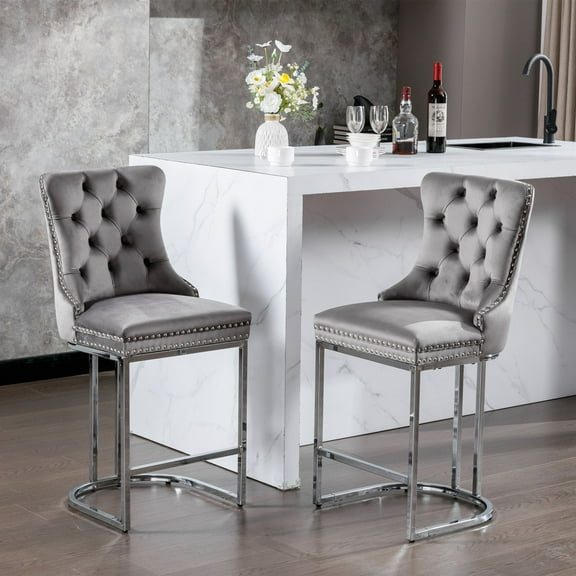 PORKISS Counter Height Bar Stools, Velvet Barstools Set of 2 with Button Back and Rivet Trim, Modern Upholstered Kitchen Island Chairs with Chromed Metal Base Legs, Gray