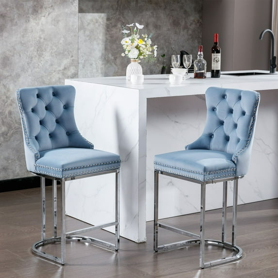 PORKISS Counter Height Bar Stools, Velvet Barstools Set of 2 with Button Back and Rivet Trim, Modern Upholstered Kitchen Island Chairs with Chromed Metal Base Legs, Light Blue