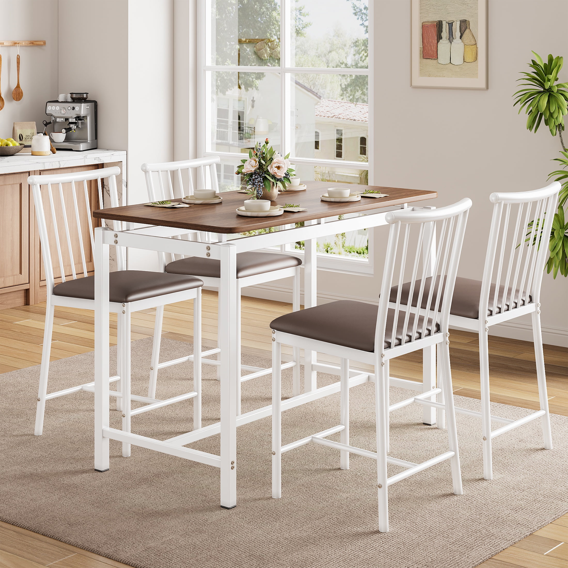 PORKISS Counter Height Dining Set for 4, Breakfast Bar Table Set with Table and 4 Leather Cushion Chairs, Wood Top Pub Table & Chair Set for Kitchen Apartment Bistro, Brown+White