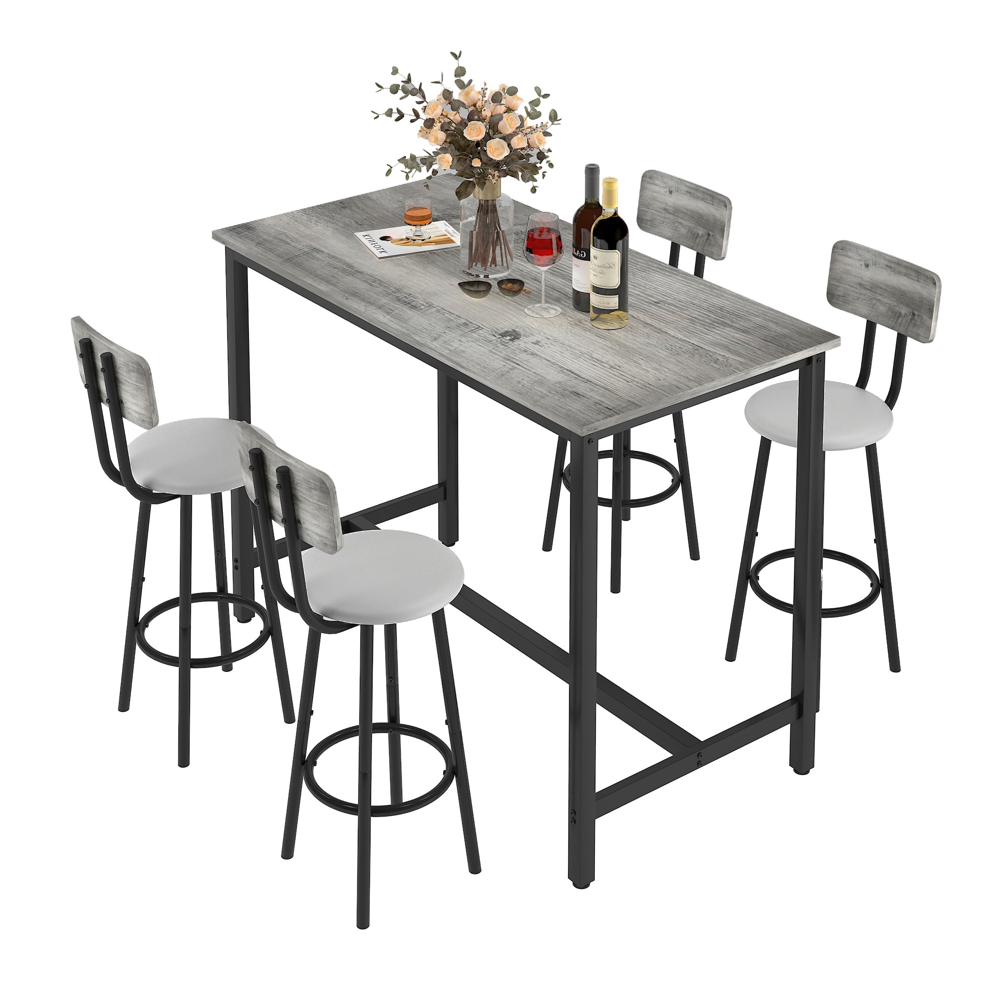 PORKISS Counter Height Dining Set for 4, Breakfast Bar Table Set with Table and 4 Leather Cushion Chairs, Wood Top Pub Table & Chair Set for Kitchen Apartment Bistro, Gray