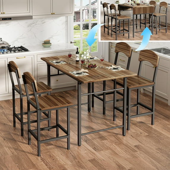 PORKISS Counter Height Dining Set for 4, Drop Leaf Table and Dining Chair Set, Dining Table Set for 4 with 4 Chairs for Kitchen Dining Room Breakfast Nook, Black+Walnut