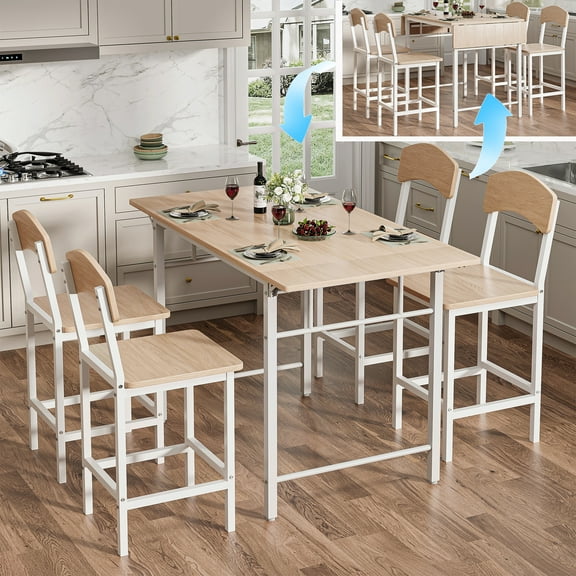 PORKISS 5-Piece Counter Height Dining Set with Drop Leaf Table, White and Natural