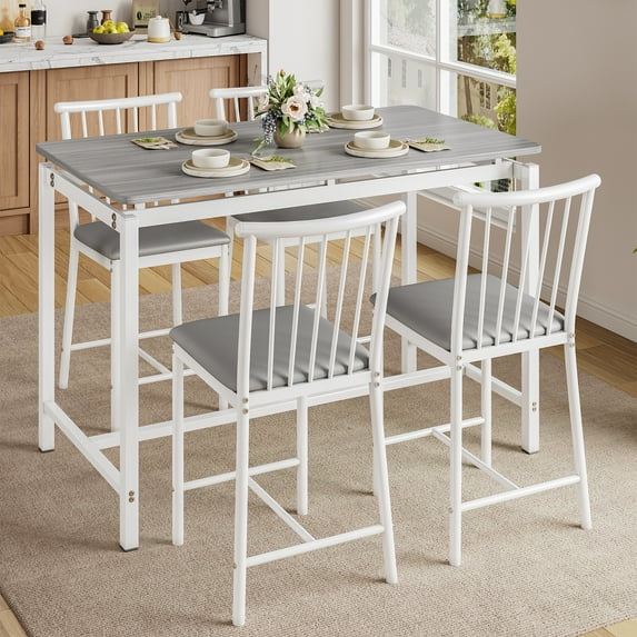 PORKISS Counter Height Table Set of 5, Breakfast Bar Table and Stool Set, Dining Table with 4 Chairs, Wood Top Pub Table & Chair Set for Kitchen Apartment Bistro, Gray+White