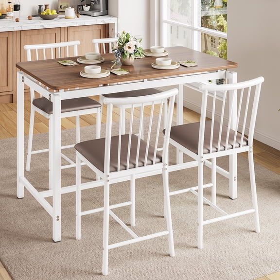 PORKISS Counter Height Table Set of 5, Breakfast Bar Table and Stool Set, Dining Table with 4 Chairs, Wood Top Pub Table & Chair Set for Kitchen Apartment Bistro, Brown+White