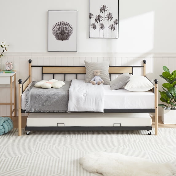 PORKISS Daybed, Steel & Wood Daybed with Trundle and Metal Frame, Modern Sofa Bed with Twin Size Frame, Classical Metal Daybed for Bedroom, Apartment, and Living Room, Natural & Black