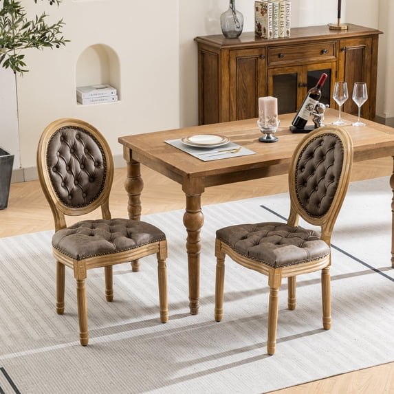 PORKISS Dining Chairs Modern Upholstered Set of 2, French Style Solid Wood Dining Side Chairs, PU Artificial Leather Dining Chair with Nailhead Trim, Brown