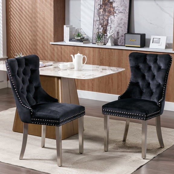 PORKISS Dining Chairs, Modern Velvet Upholstered Chairs with Chrome Stainless Steel Plating Legs, Tufted Solid Wood Kitchen Chairs Set of 2 with Nailhead Trim and Back Ring, Black