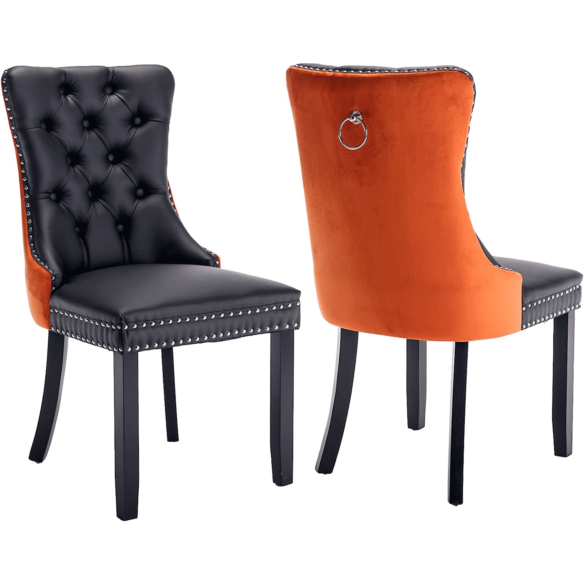 PORKISS Dining Chairs Set of 2, Modern Wood and PU Dining Chairs with Back Ring and Nailhead Trim, Upholstered Tufted Velvet Chair with Wood Legs for Dining Room, Kitchen, Black/Orange