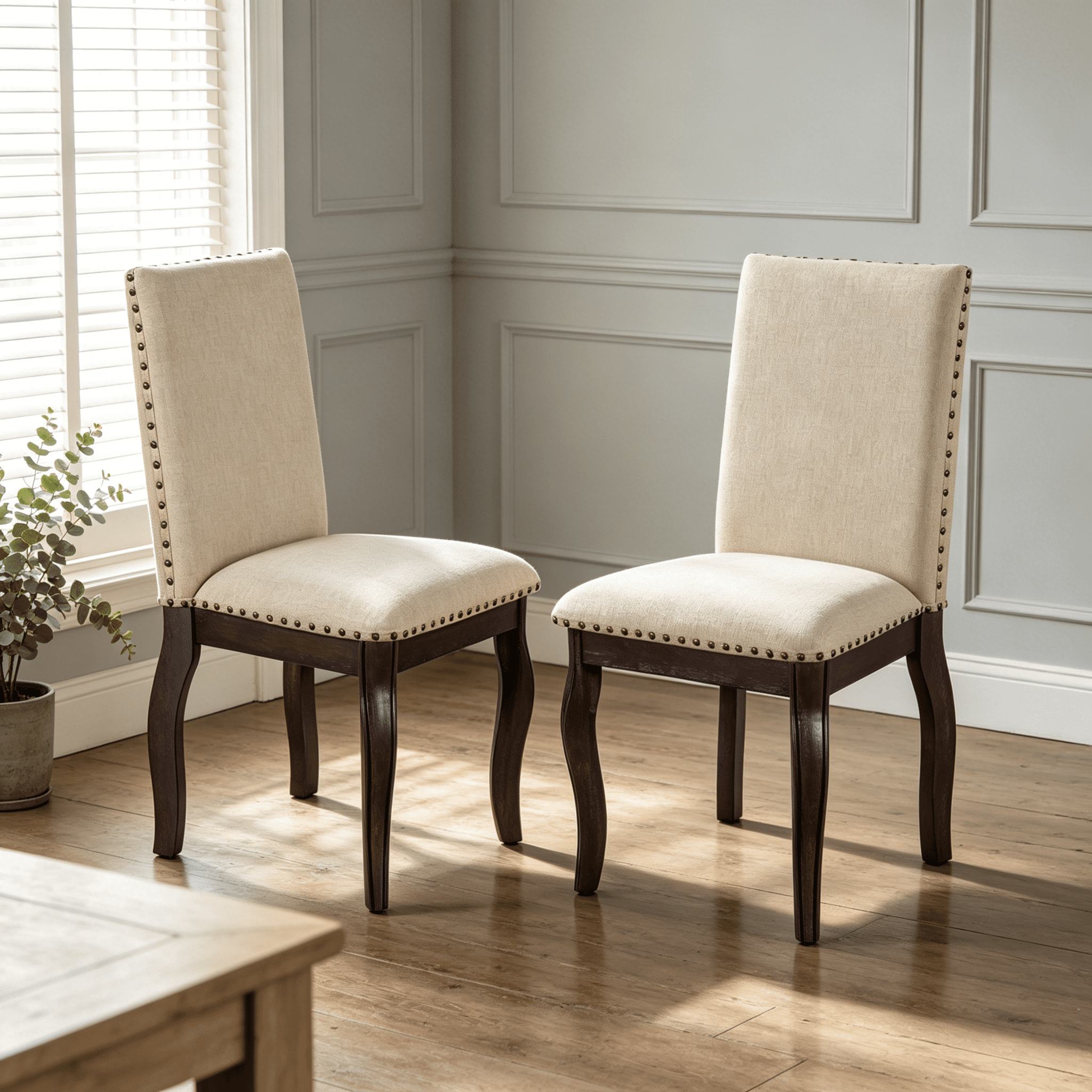 PORKISS Set of 2 Dining Chairs, High Back Upholstered Kitchen Chairs with Solid Wood Frame, Curved Legs and Bronze Nailhead Trim, Espresso Finish with White Fabric